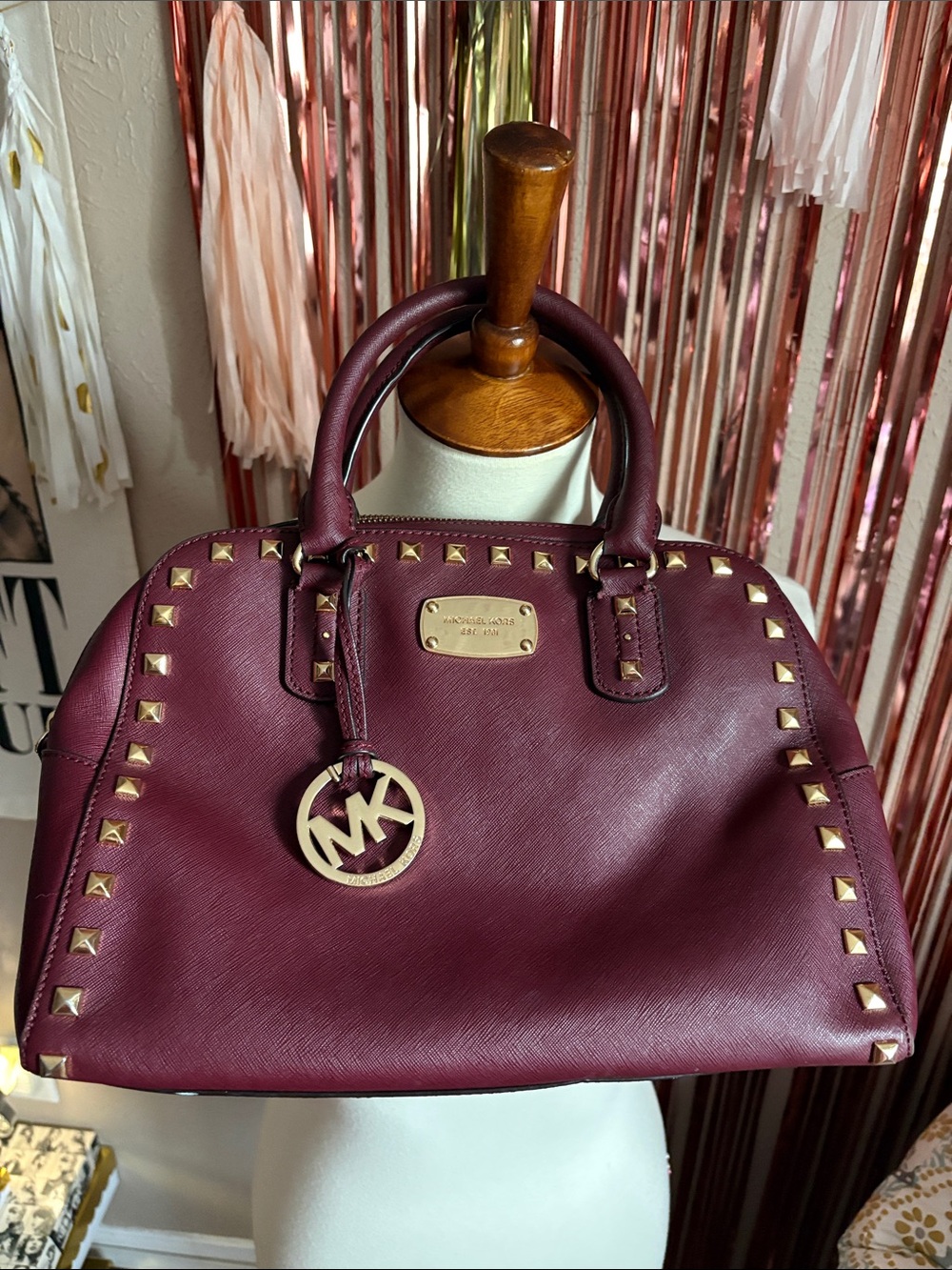 Michael Kors Wine Saffiano Leather Satchel with Gold Hardware Crossbody Handbag